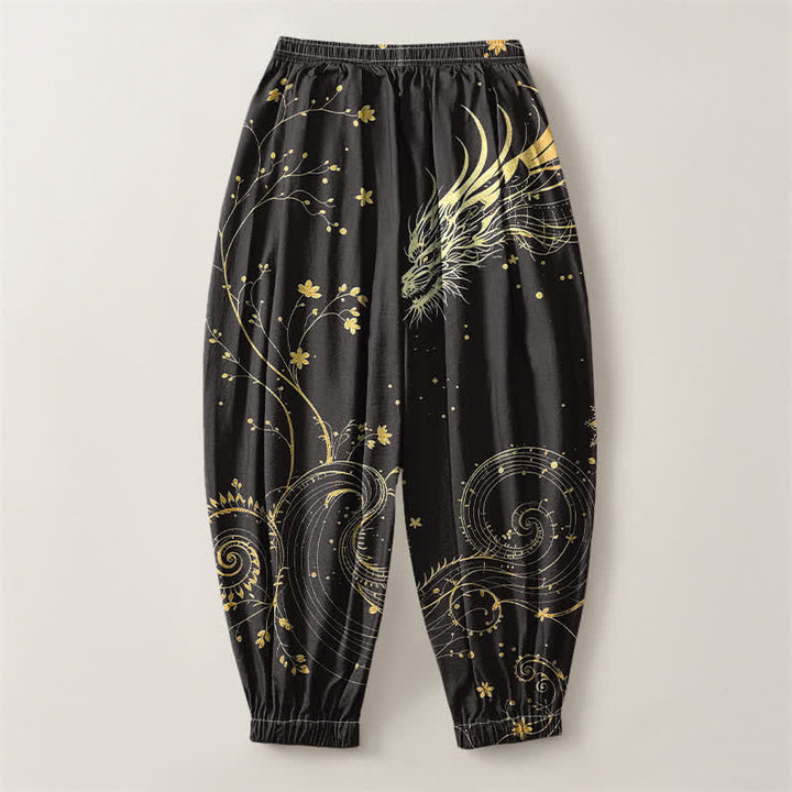 Buddha Stones Pantaloni harem da uomo in puro cotone con coulisse e tasche, fantasia drago dorato e nuvole, con motivo a nuvole e drago. - image 2