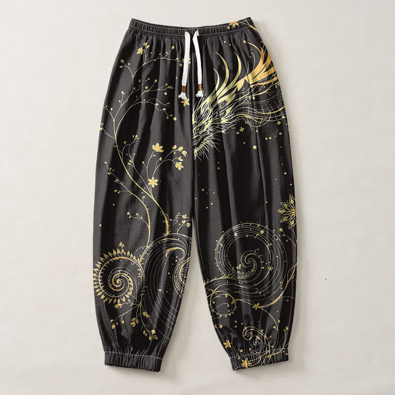 Buddha Stones Pantaloni harem da uomo in puro cotone con coulisse e tasche, fantasia drago dorato e nuvole, con motivo a nuvole e drago. - image 1