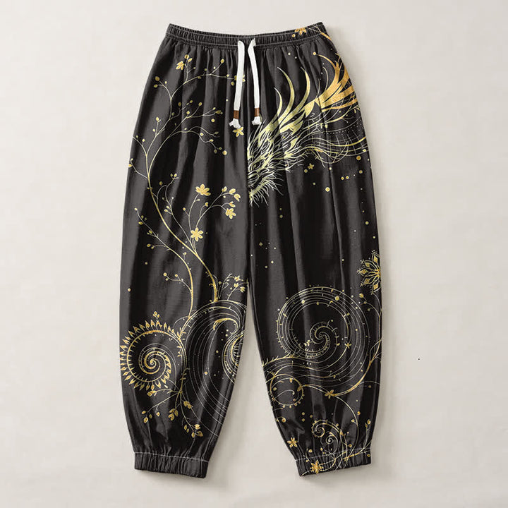 Buddha Stones Pantaloni harem da uomo in puro cotone con coulisse e tasche, fantasia drago dorato e nuvole, con motivo a nuvole e drago. - image 1