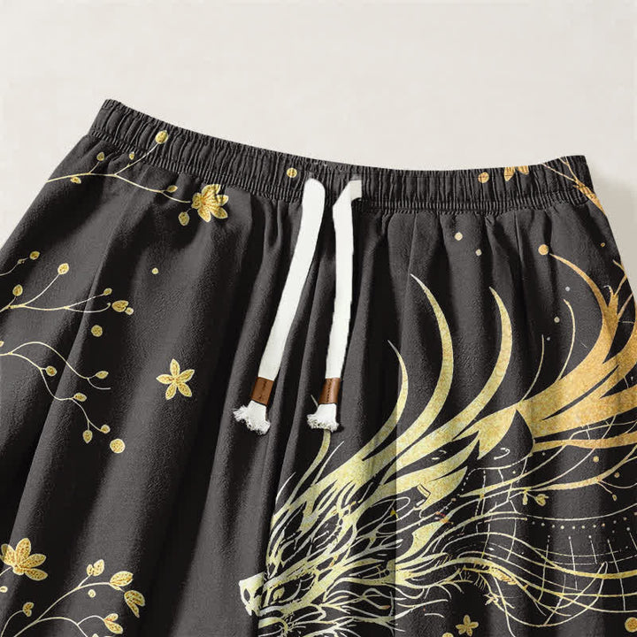 Buddha Stones Pantaloni harem da uomo in puro cotone con coulisse e tasche, fantasia drago dorato e nuvole, con motivo a nuvole e drago. - image 3