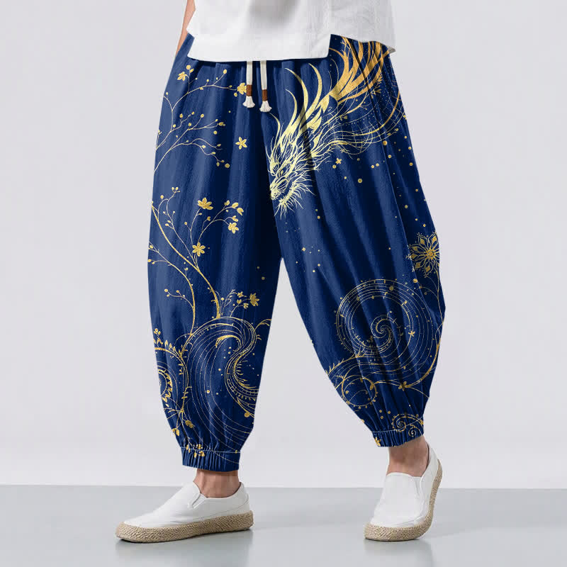 Buddha Stones Pantaloni harem da uomo in puro cotone con coulisse e tasche, fantasia drago dorato e nuvole, con motivo a nuvole e drago. - Marina - US/UK/AU50, EU60 (5XL) - image 6