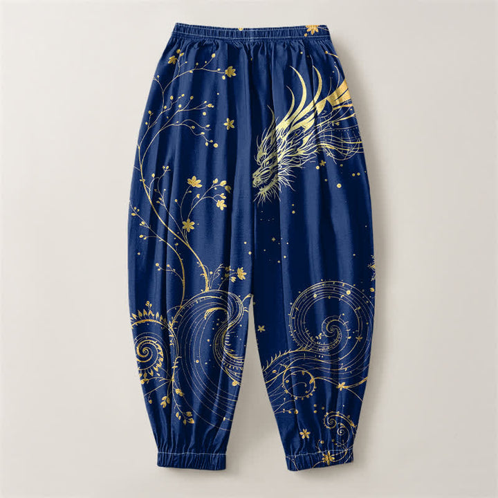 Buddha Stones Pantaloni harem da uomo in puro cotone con coulisse e tasche, fantasia drago dorato e nuvole, con motivo a nuvole e drago. - image 8