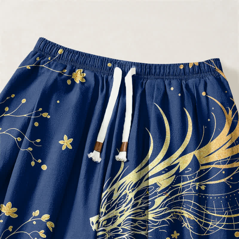Buddha Stones Pantaloni harem da uomo in puro cotone con coulisse e tasche, fantasia drago dorato e nuvole, con motivo a nuvole e drago. - image 9
