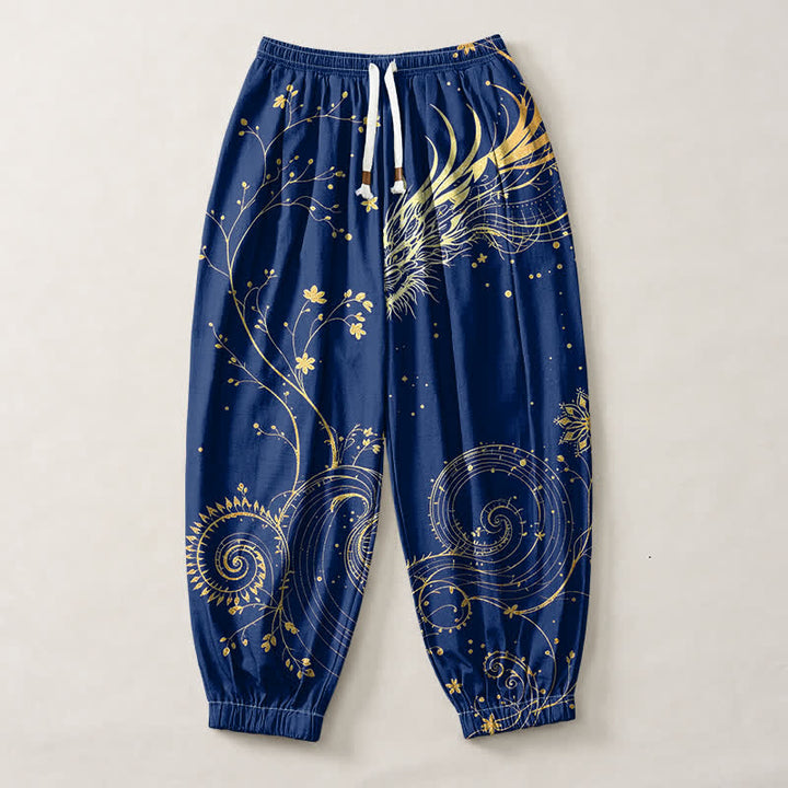 Buddha Stones Pantaloni harem da uomo in puro cotone con coulisse e tasche, fantasia drago dorato e nuvole, con motivo a nuvole e drago. - image 7