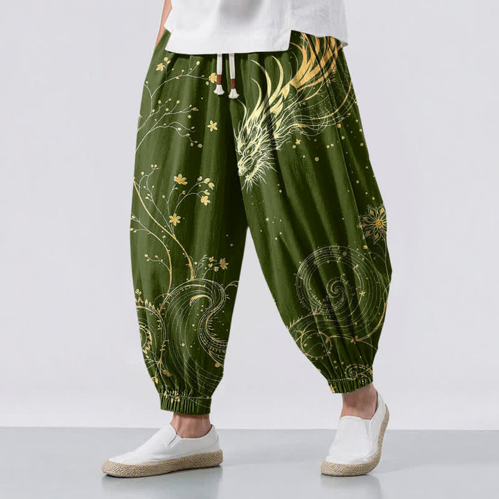 Buddha Stones Pantaloni harem da uomo in puro cotone con coulisse e tasche, fantasia drago dorato e nuvole, con motivo a nuvole e drago. - Verde oliva - US/UK/AU50, EU60 (5XL) - image 12