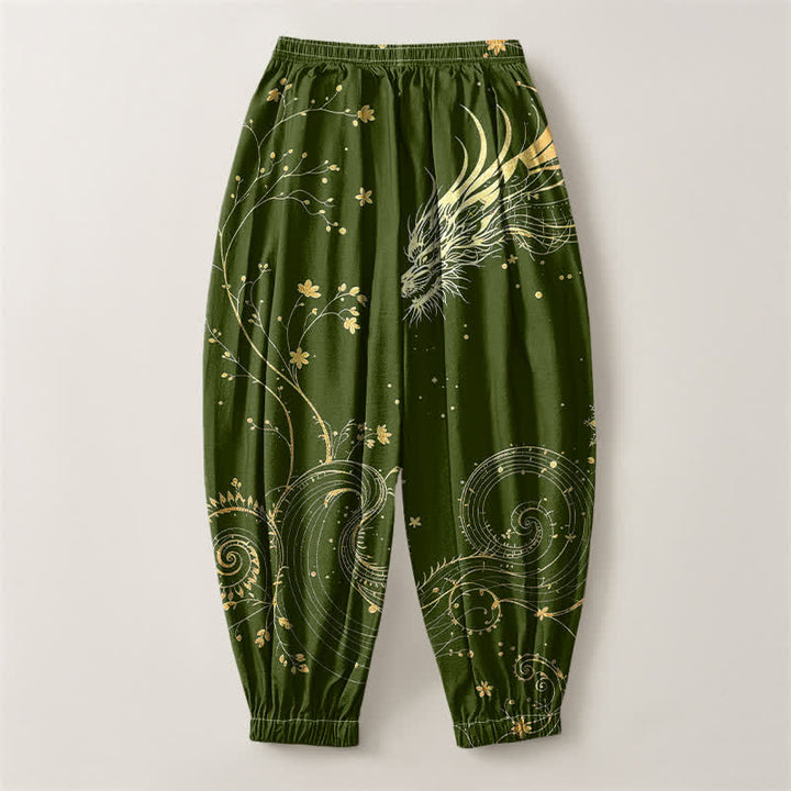 Buddha Stones Pantaloni harem da uomo in puro cotone con coulisse e tasche, fantasia drago dorato e nuvole, con motivo a nuvole e drago. - image 14