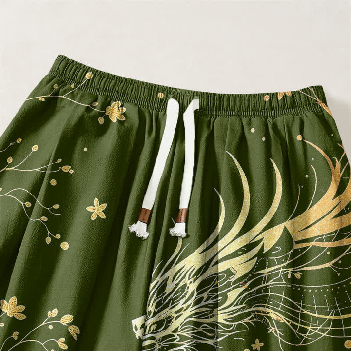 Buddha Stones Pantaloni harem da uomo in puro cotone con coulisse e tasche, fantasia drago dorato e nuvole, con motivo a nuvole e drago. - image 15