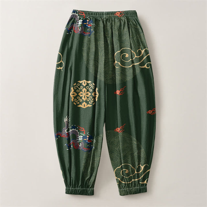 Buddha Stones Pantaloni harem da uomo in puro cotone con coulisse e tasche, motivo a medaglione con drago e nuvola dorata. - image 2