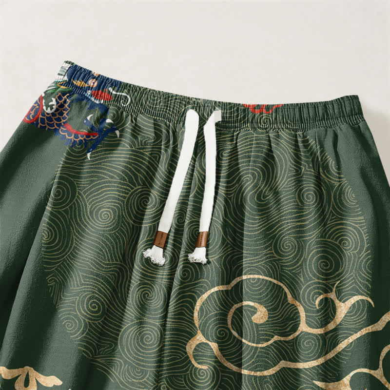 Buddha Stones Pantaloni harem da uomo in puro cotone con coulisse e tasche, motivo a medaglione con drago e nuvola dorata. - image 3