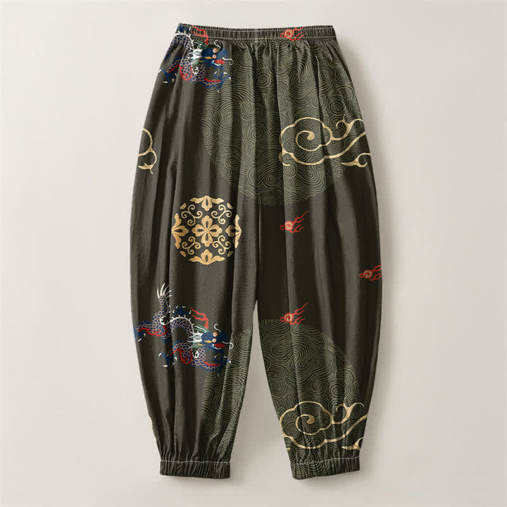 Buddha Stones Pantaloni harem da uomo in puro cotone con coulisse e tasche, motivo a medaglione con drago e nuvola dorata. - image 8