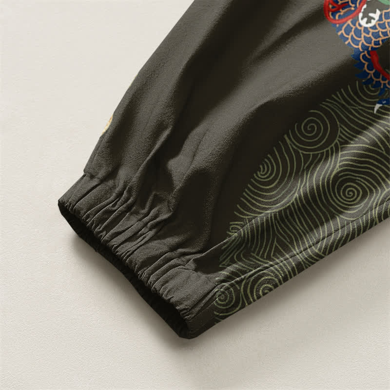 Buddha Stones Pantaloni harem da uomo in puro cotone con coulisse e tasche, motivo a medaglione con drago e nuvola dorata. - image 10