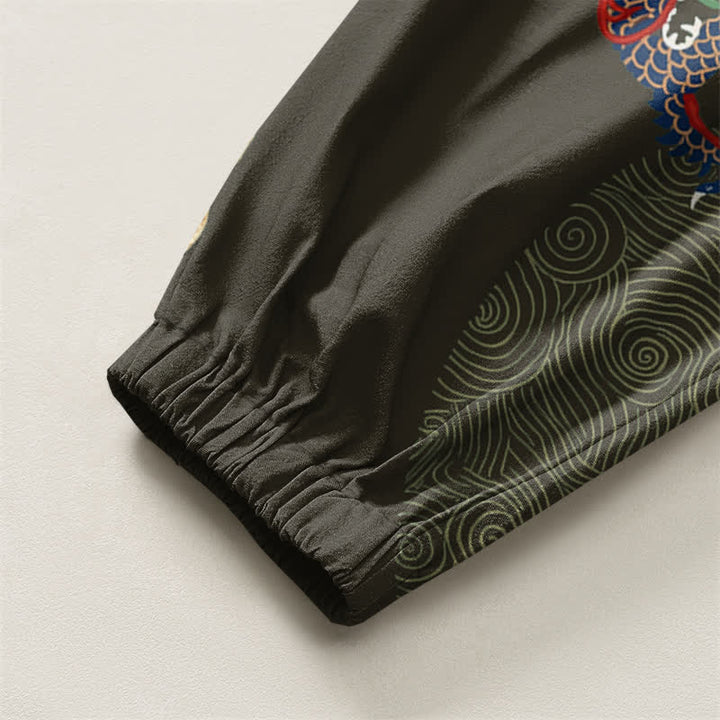 Buddha Stones Pantaloni harem da uomo in puro cotone con coulisse e tasche, motivo a medaglione con drago e nuvola dorata. - image 10