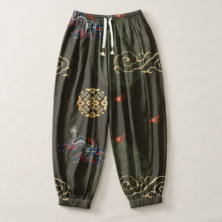 Buddha Stones Pantaloni harem da uomo in puro cotone con coulisse e tasche, motivo a medaglione con drago e nuvola dorata. - image 7
