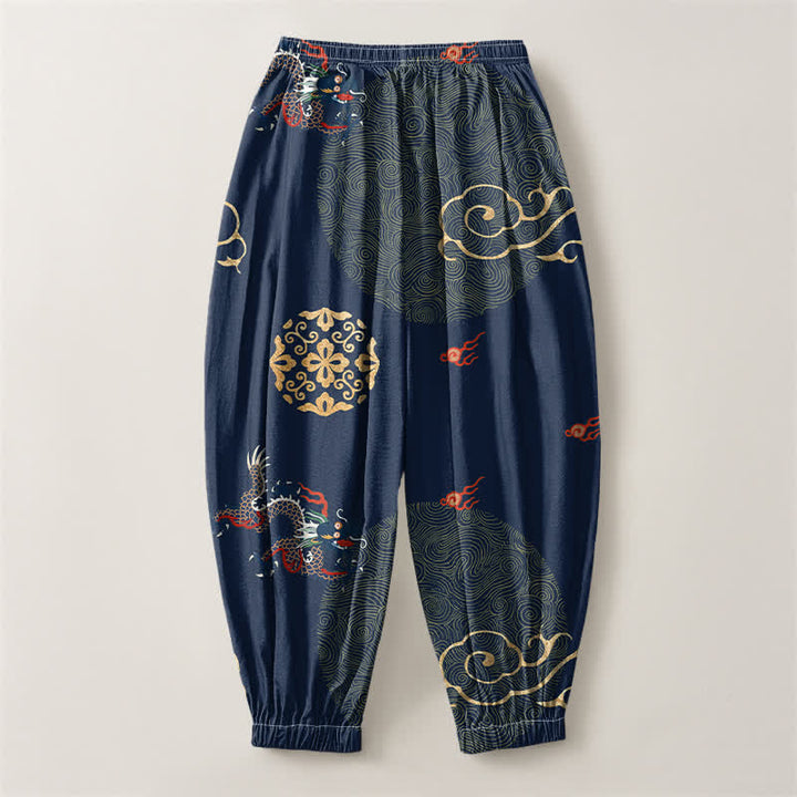 Buddha Stones Pantaloni harem da uomo in puro cotone con coulisse e tasche, motivo a medaglione con drago e nuvola dorata. - image 14
