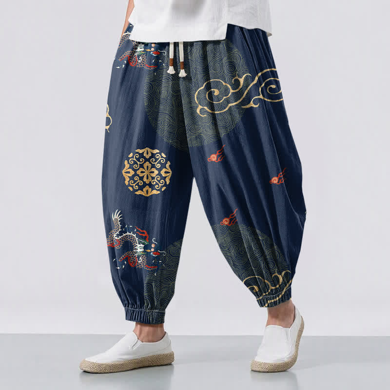 Buddha Stones Pantaloni harem da uomo in puro cotone con coulisse e tasche, motivo a medaglione con drago e nuvola dorata. - Marina - US/UK/AU50, EU60 (5XL) - image 12