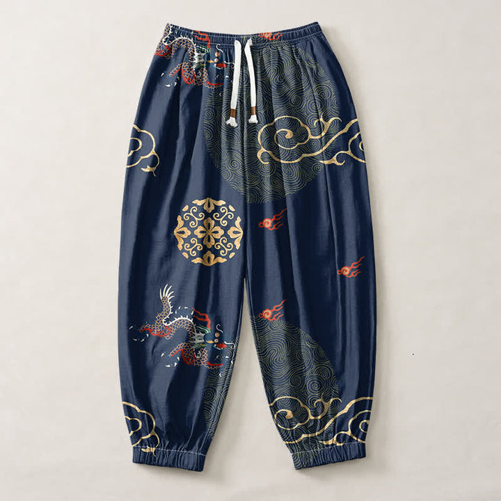 Buddha Stones Pantaloni harem da uomo in puro cotone con coulisse e tasche, motivo a medaglione con drago e nuvola dorata. - image 13