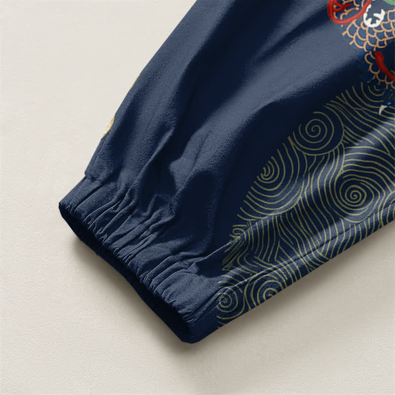 Buddha Stones Pantaloni harem da uomo in puro cotone con coulisse e tasche, motivo a medaglione con drago e nuvola dorata. - image 16