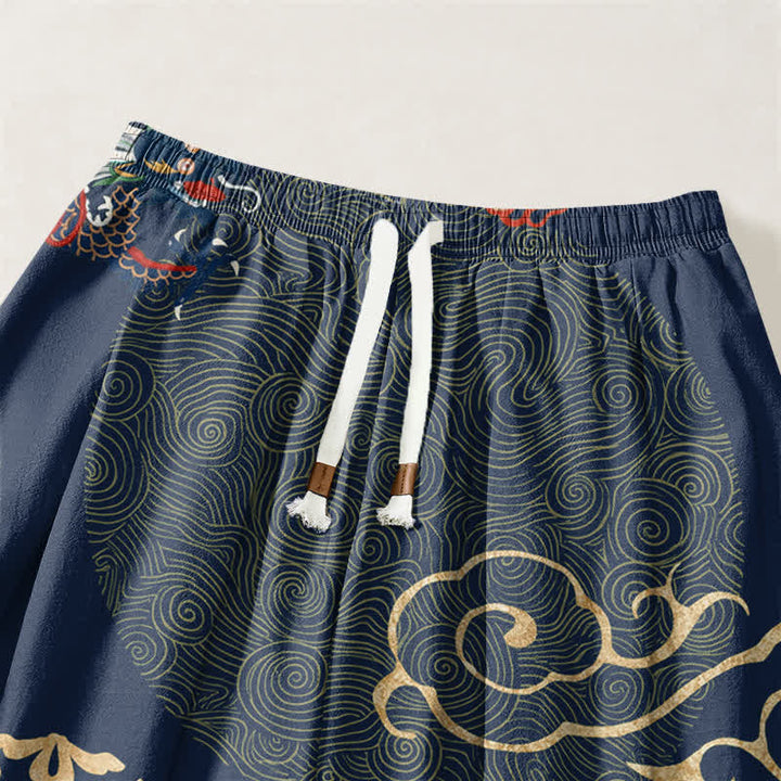 Buddha Stones Pantaloni harem da uomo in puro cotone con coulisse e tasche, motivo a medaglione con drago e nuvola dorata. - image 15