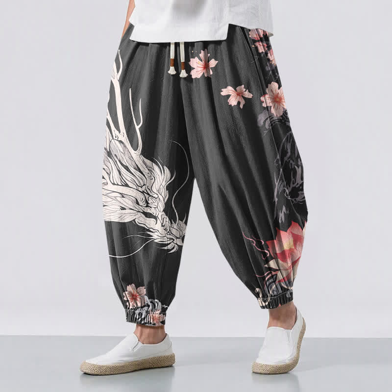 Buddha Stones Pantaloni harem da uomo in puro cotone con coulisse e tasche, motivo drago, sakura e loto. - Nero - US/UK/AU50, EU60 (5XL) - image 0