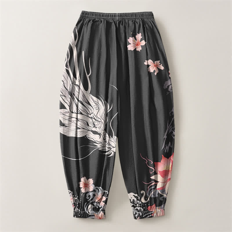 Buddha Stones Pantaloni harem da uomo in puro cotone con coulisse e tasche, motivo drago, sakura e loto. - image 2