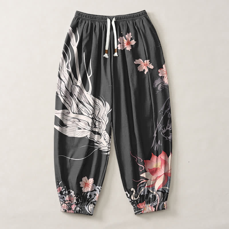 Buddha Stones Pantaloni harem da uomo in puro cotone con coulisse e tasche, motivo drago, sakura e loto. - image 1