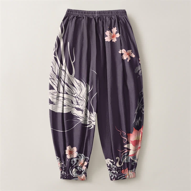 Buddha Stones Pantaloni harem da uomo in puro cotone con coulisse e tasche, motivo drago, sakura e loto. - image 8
