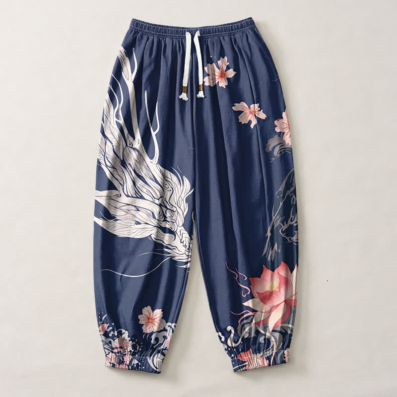 Buddha Stones Pantaloni harem da uomo in puro cotone con coulisse e tasche, motivo drago, sakura e loto. - image 13