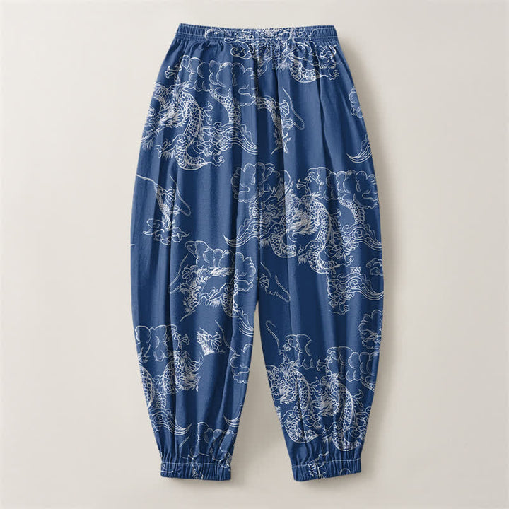 Buddha Stones Pantaloni harem da uomo in puro cotone bianco con motivo drago e nuvole, con coulisse e tasche. - image 2