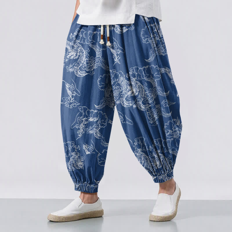 Buddha Stones Pantaloni harem da uomo in puro cotone bianco con motivo drago e nuvole, con coulisse e tasche. - SteelBlue - US/UK/AU50, EU60 (5XL) - image 0