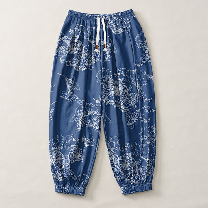 Buddha Stones Pantaloni harem da uomo in puro cotone bianco con motivo drago e nuvole, con coulisse e tasche. - image 1