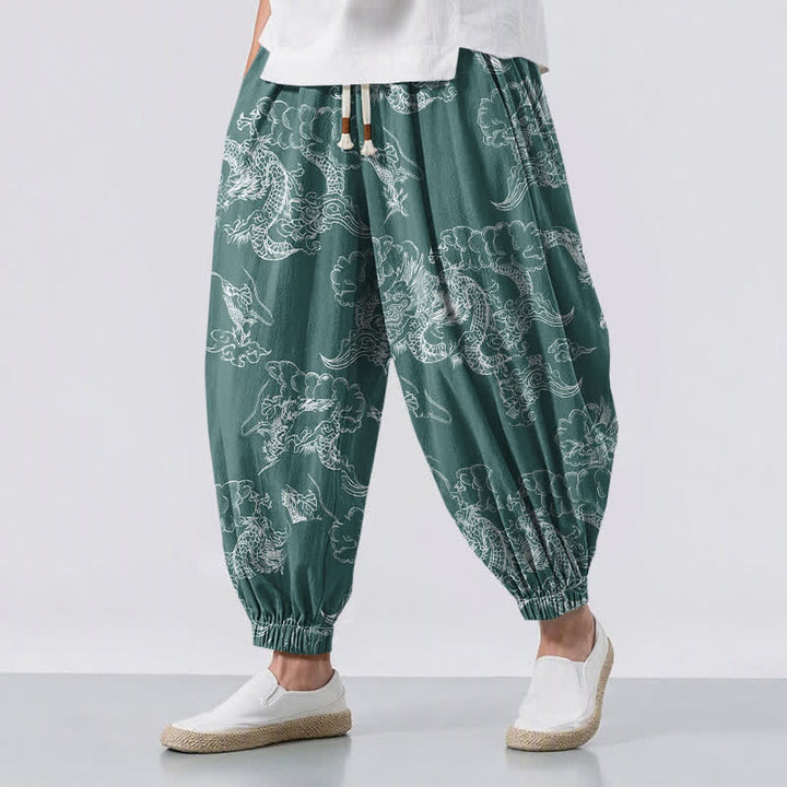 Buddha Stones Pantaloni harem da uomo in puro cotone bianco con motivo drago e nuvole, con coulisse e tasche. - Verde mare - US/UK/AU50, EU60 (5XL) - image 6