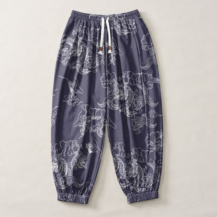 Buddha Stones Pantaloni harem da uomo in puro cotone bianco con motivo drago e nuvole, con coulisse e tasche. - image 13