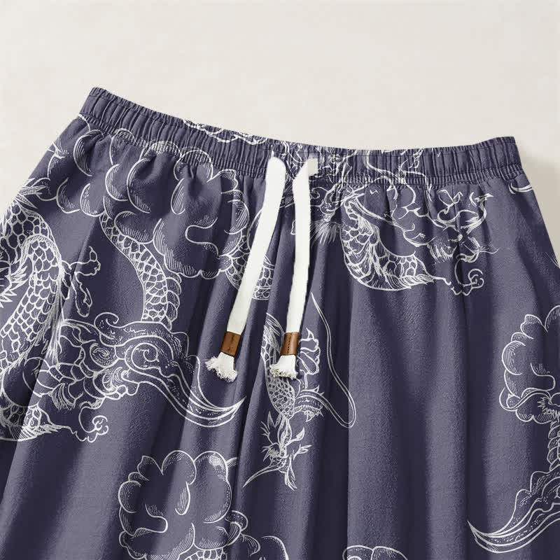 Buddha Stones Pantaloni harem da uomo in puro cotone bianco con motivo drago e nuvole, con coulisse e tasche. - image 15