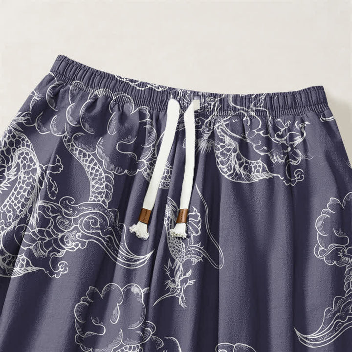 Buddha Stones Pantaloni harem da uomo in puro cotone bianco con motivo drago e nuvole, con coulisse e tasche. - image 15