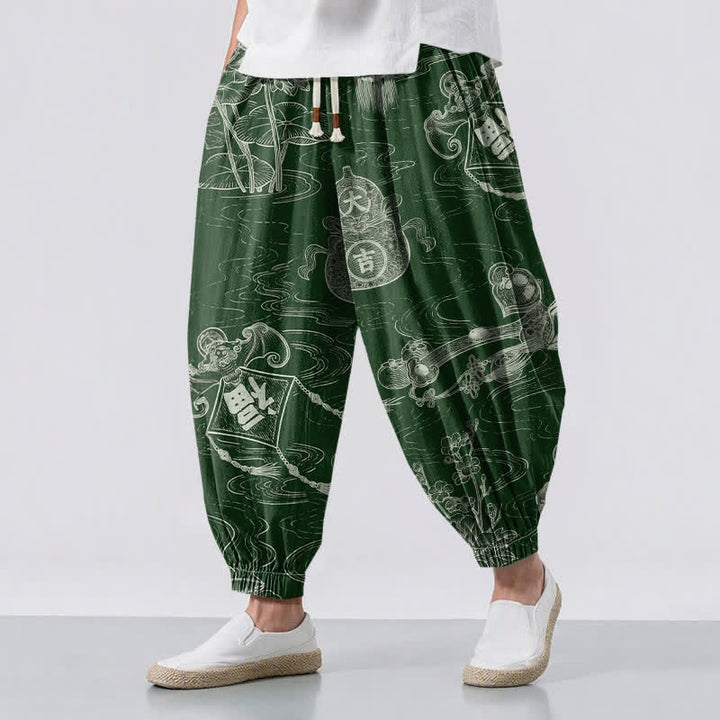 Buddha Stones Pantaloni harem da uomo in puro cotone con coulisse e tasche, con motivo a nuvole di buon auspicio e scritta "Moneta". - Verde studentesco - US/UK/AU50, EU60 (5XL) - image 0