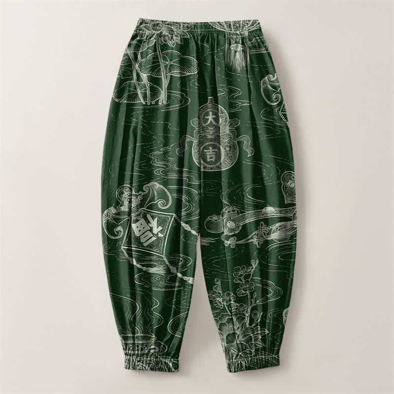 Buddha Stones Pantaloni harem da uomo in puro cotone con coulisse e tasche, con motivo a nuvole di buon auspicio e scritta "Moneta". - image 2