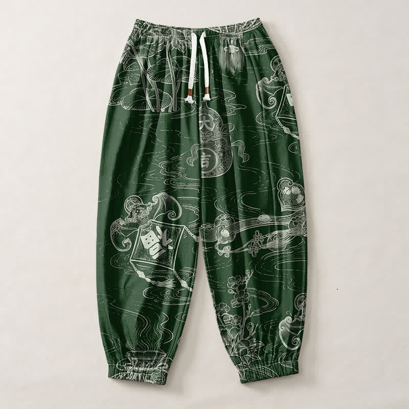 Buddha Stones Pantaloni harem da uomo in puro cotone con coulisse e tasche, con motivo a nuvole di buon auspicio e scritta "Moneta". - image 1