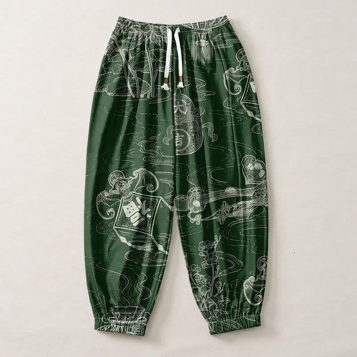 Buddha Stones Pantaloni harem da uomo in puro cotone con coulisse e tasche, con motivo a nuvole di buon auspicio e scritta "Moneta". - image 1