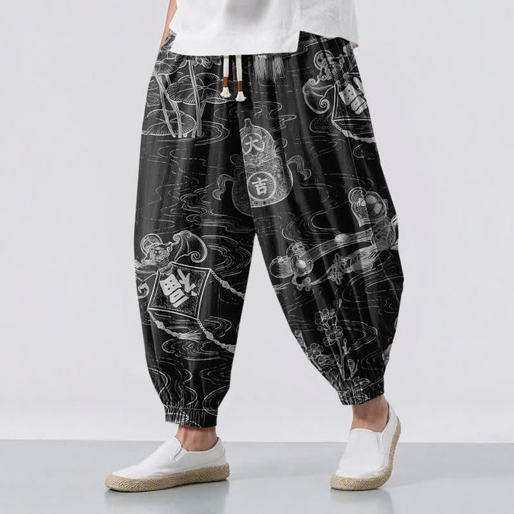 Buddha Stones Pantaloni harem da uomo in puro cotone con coulisse e tasche, con motivo a nuvole di buon auspicio e scritta "Moneta". - Nero - US/UK/AU50, EU60 (5XL) - image 6