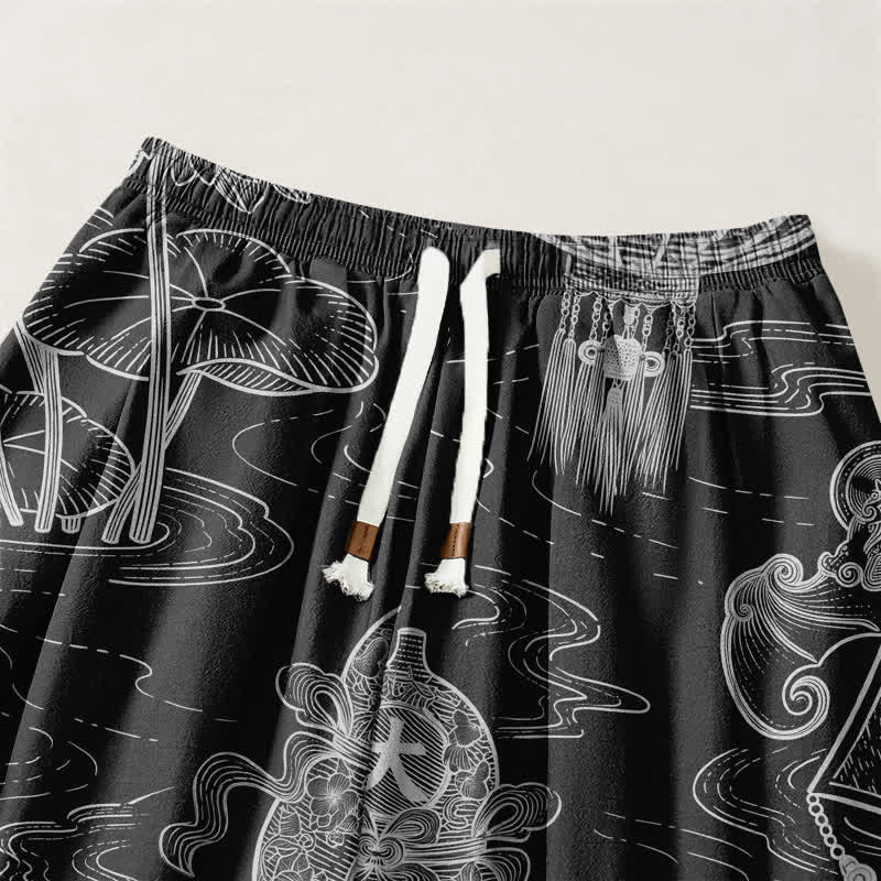 Buddha Stones Pantaloni harem da uomo in puro cotone con coulisse e tasche, con motivo a nuvole di buon auspicio e scritta "Moneta". - image 9