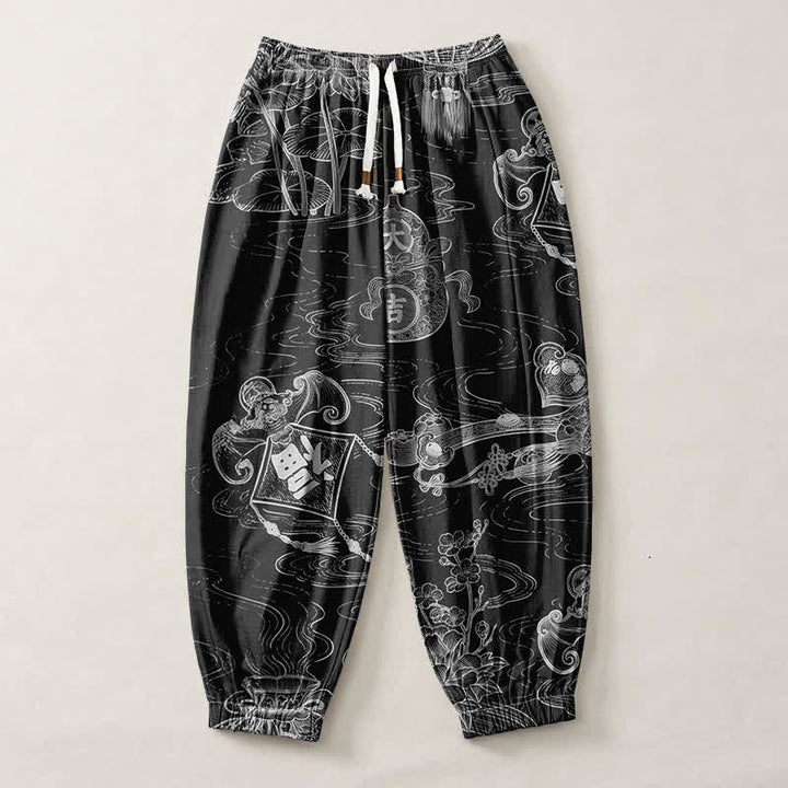 Buddha Stones Pantaloni harem da uomo in puro cotone con coulisse e tasche, con motivo a nuvole di buon auspicio e scritta "Moneta". - image 7