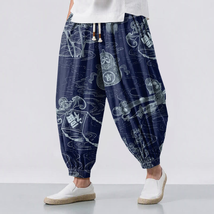 Buddha Stones Pantaloni harem da uomo in puro cotone con coulisse e tasche, con motivo a nuvole di buon auspicio e scritta "Moneta". - Marina - US/UK/AU50, EU60 (5XL) - image 12