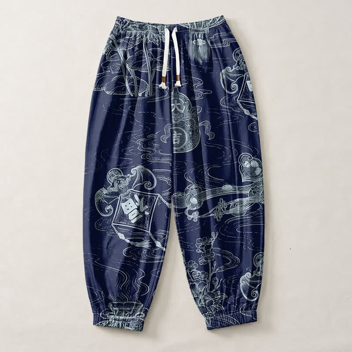 Buddha Stones Pantaloni harem da uomo in puro cotone con coulisse e tasche, con motivo a nuvole di buon auspicio e scritta "Moneta". - image 13