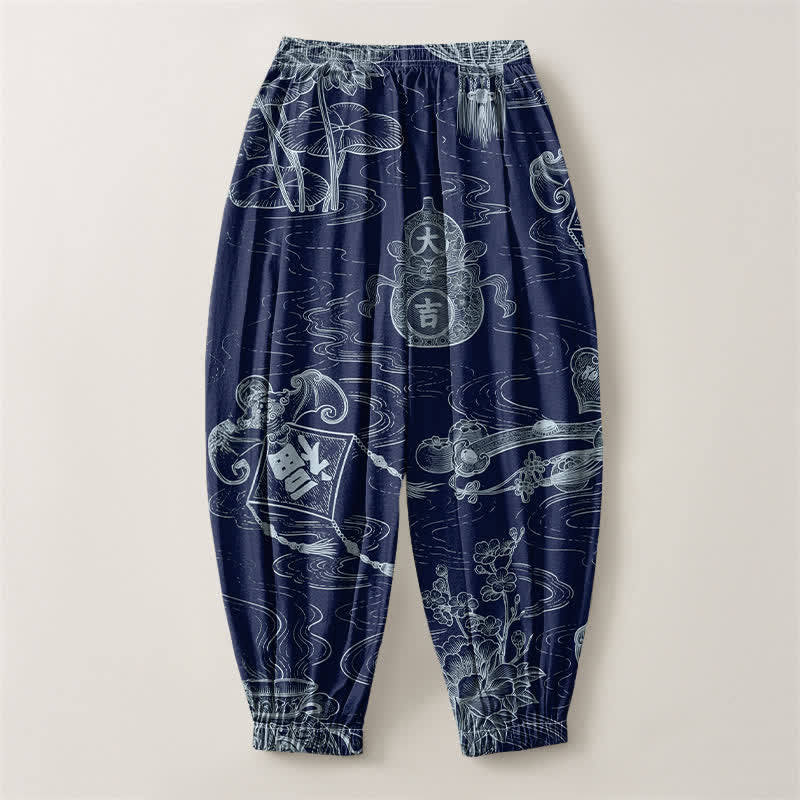 Buddha Stones Pantaloni harem da uomo in puro cotone con coulisse e tasche, con motivo a nuvole di buon auspicio e scritta "Moneta". - image 14