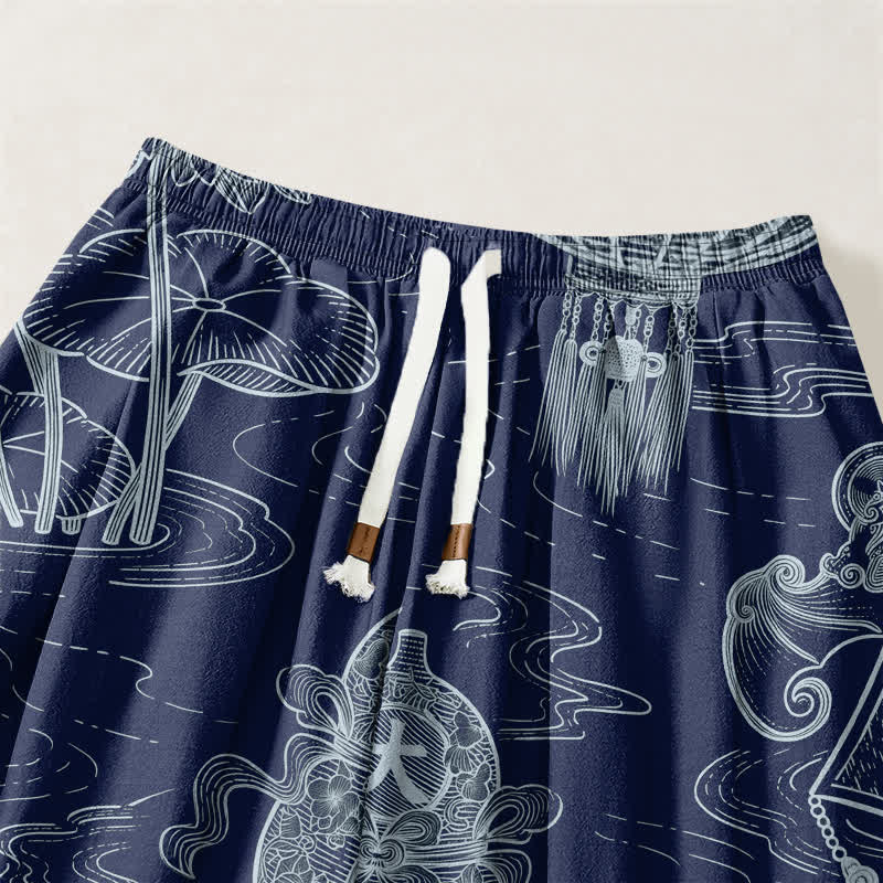 Buddha Stones Pantaloni harem da uomo in puro cotone con coulisse e tasche, con motivo a nuvole di buon auspicio e scritta "Moneta". - image 15