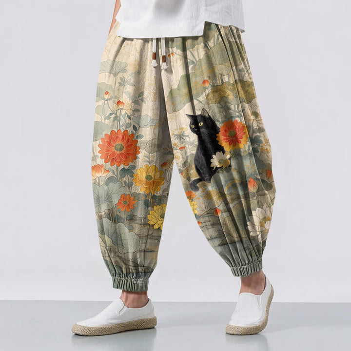 Buddha Stones Pantaloni harem da uomo in puro cotone, stile vintage, con motivo floreale, loto e gatto, con coulisse e tasche. - Beige - US/UK/AU50, EU60 (5XL) - image 0