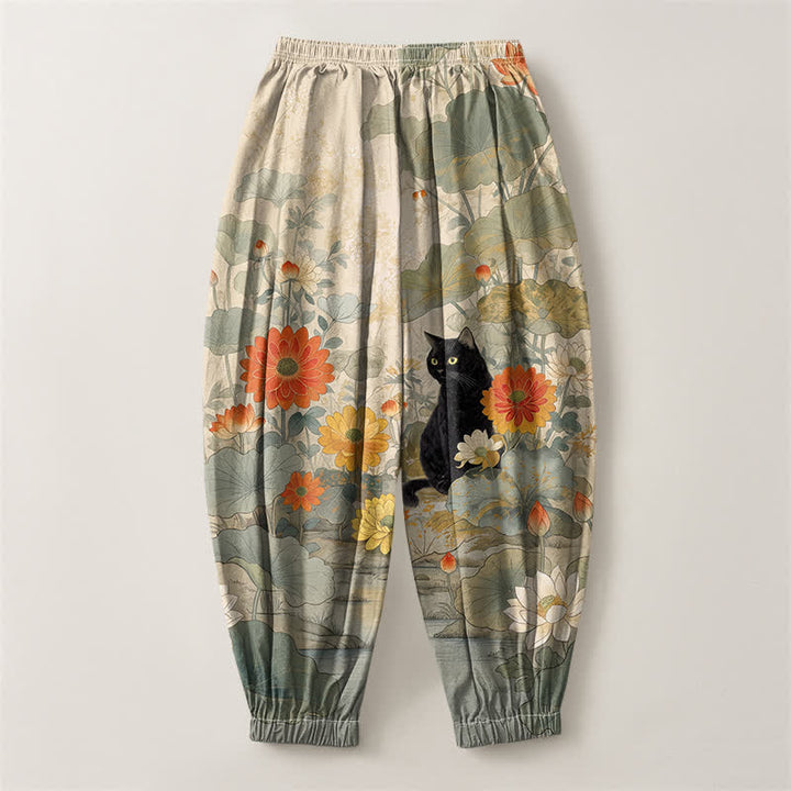 Buddha Stones Pantaloni harem da uomo in puro cotone, stile vintage, con motivo floreale, loto e gatto, con coulisse e tasche. - image 2