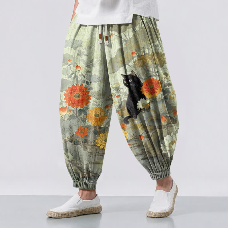 Buddha Stones Pantaloni harem da uomo in puro cotone, stile vintage, con motivo floreale, loto e gatto, con coulisse e tasche. - Crema alla menta - US/UK/AU50, EU60 (5XL) - image 6
