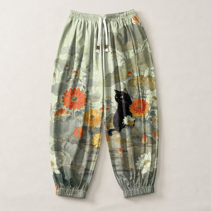 Buddha Stones Pantaloni harem da uomo in puro cotone, stile vintage, con motivo floreale, loto e gatto, con coulisse e tasche. - image 7