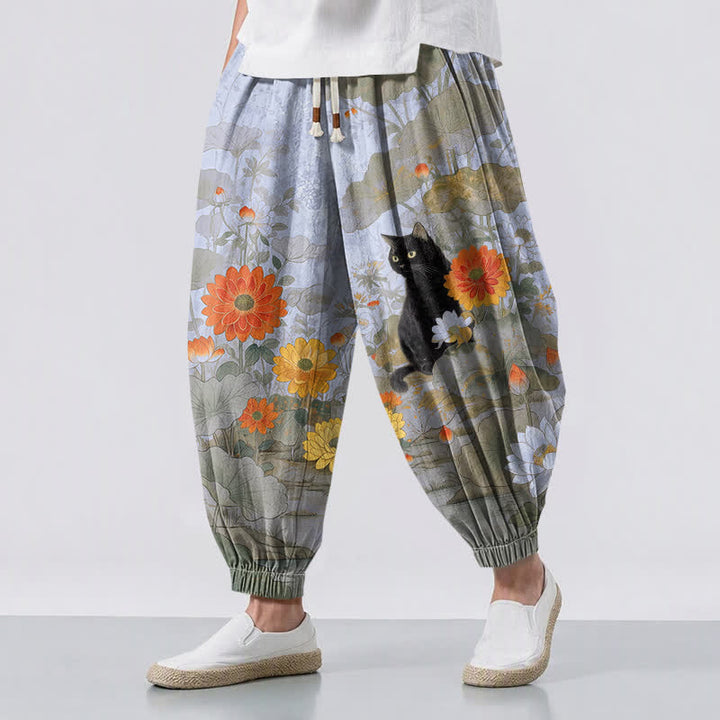 Buddha Stones Pantaloni harem da uomo in puro cotone, stile vintage, con motivo floreale, loto e gatto, con coulisse e tasche. - Lavanda - US/UK/AU50, EU60 (5XL) - image 12